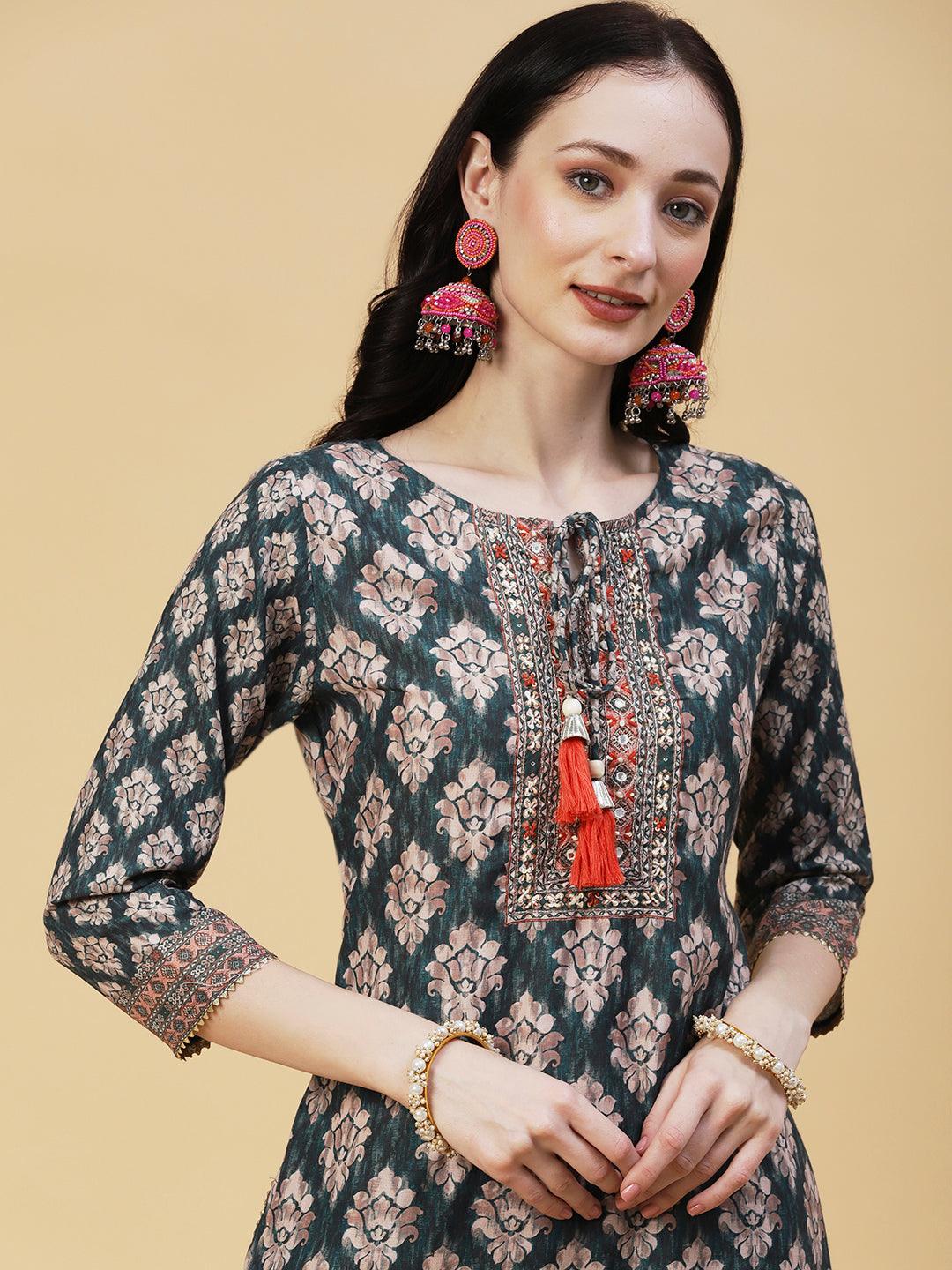 Ethnic Printed Mirror & Zari Embroidered Kurta With Pants & Dupatta - Green - Indiakreations