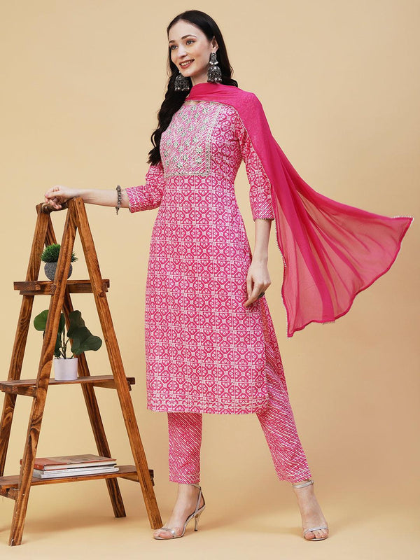 Geometric Ethnic Printed Mirror & Zari Embroidered Kurta With Pants & Dupatta - Pink - Indiakreations