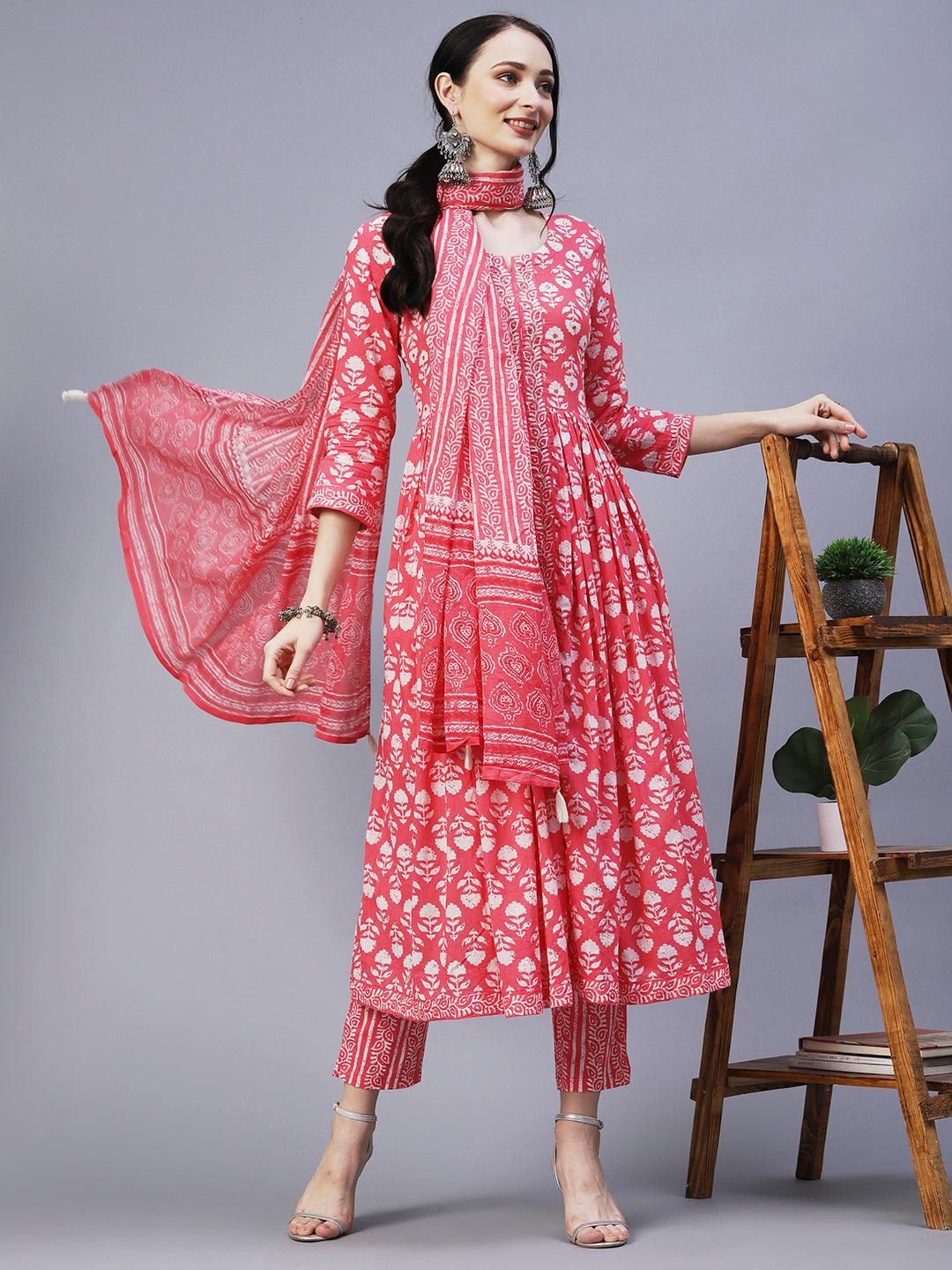 Floral Block Printed Mirror & Resham Embroidered Flared Front Slit Kurta With Pants & Dupatta - Pink - Indiakreations