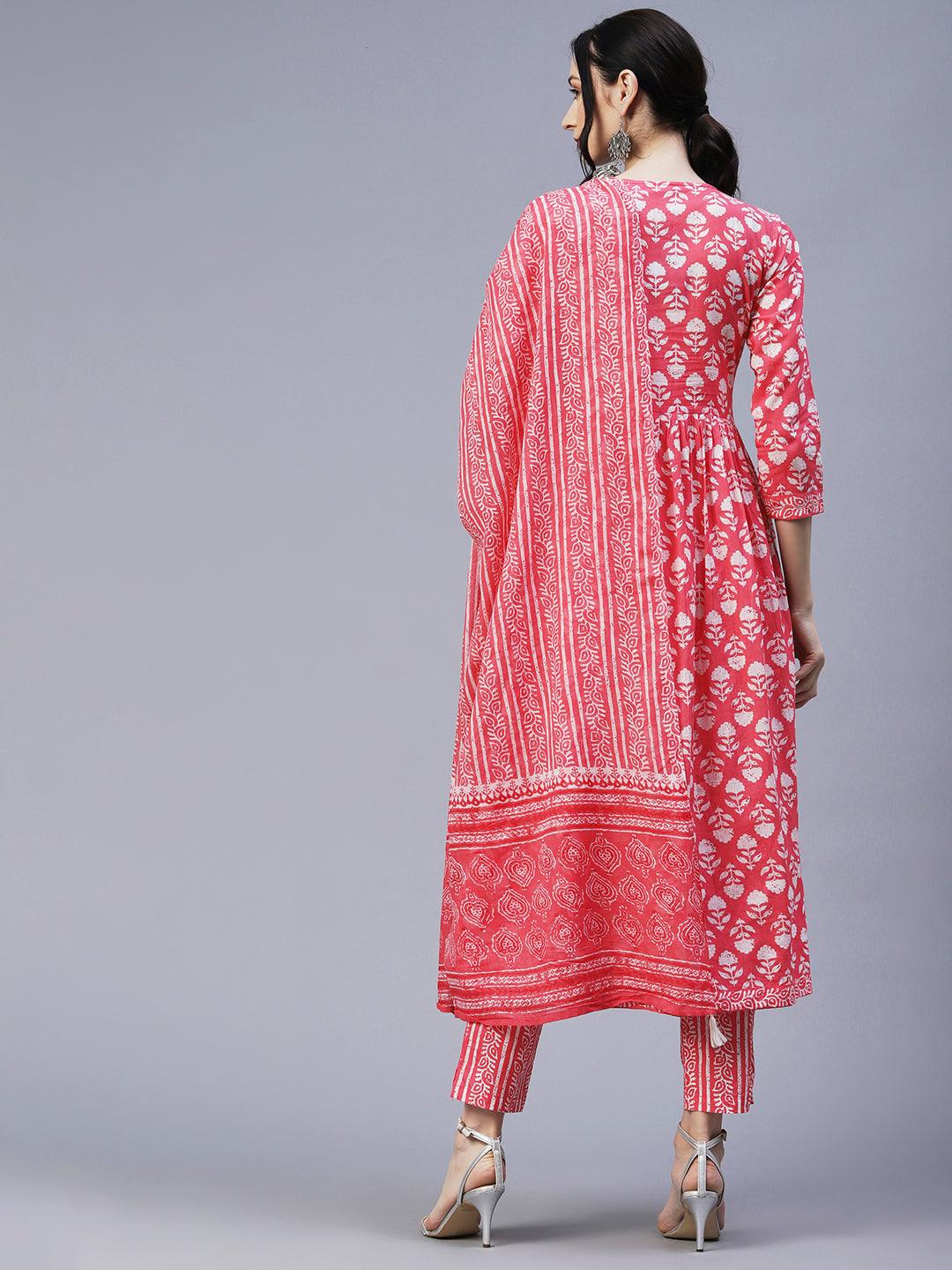 Floral Block Printed Mirror & Resham Embroidered Flared Front Slit Kurta With Pants & Dupatta - Pink - Indiakreations