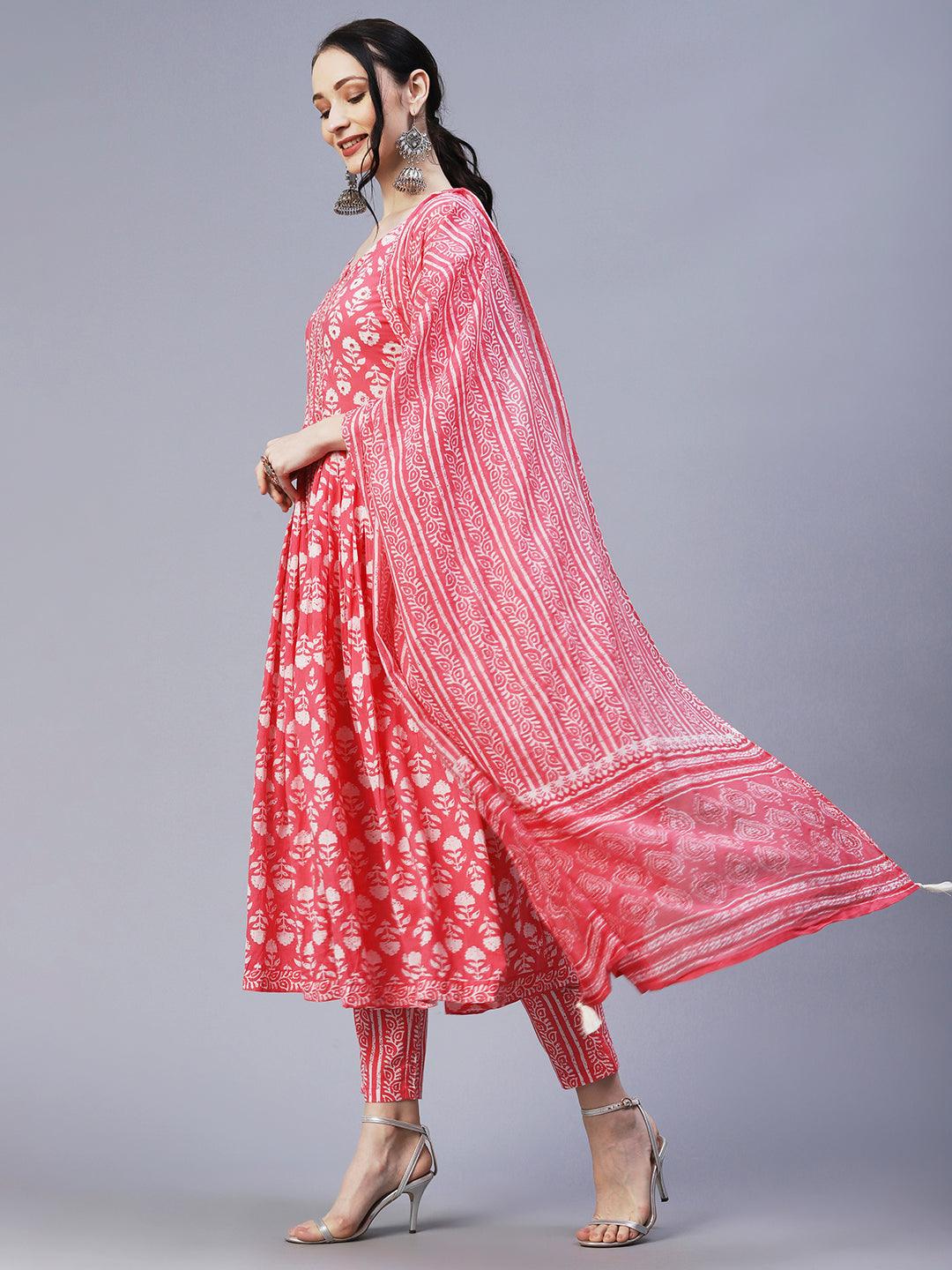 Floral Block Printed Mirror & Resham Embroidered Flared Front Slit Kurta With Pants & Dupatta - Pink - Indiakreations