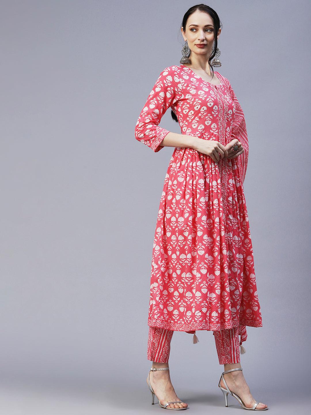 Floral Block Printed Mirror & Resham Embroidered Flared Front Slit Kurta With Pants & Dupatta - Pink - Indiakreations