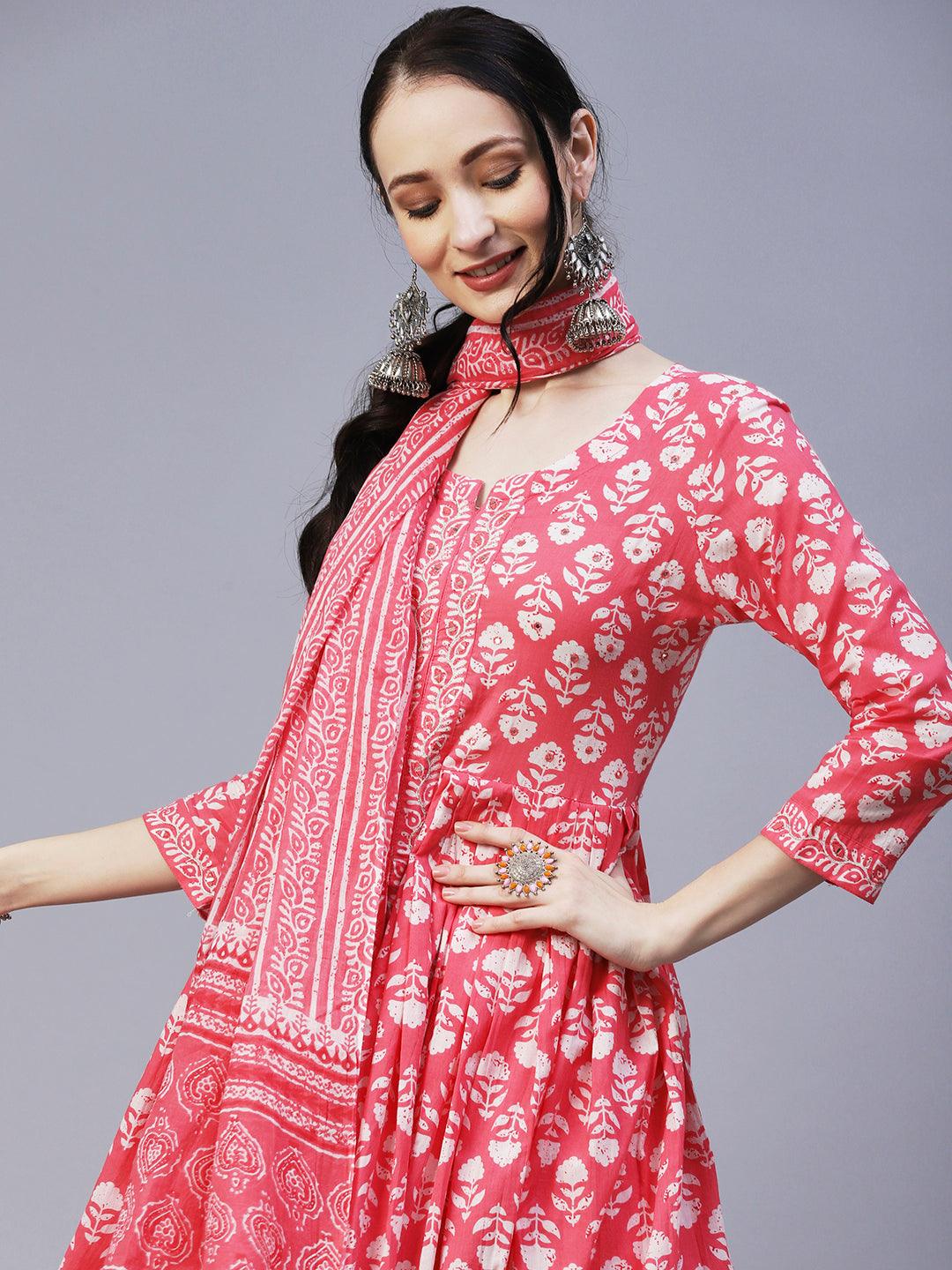 Floral Block Printed Mirror & Resham Embroidered Flared Front Slit Kurta With Pants & Dupatta - Pink - Indiakreations