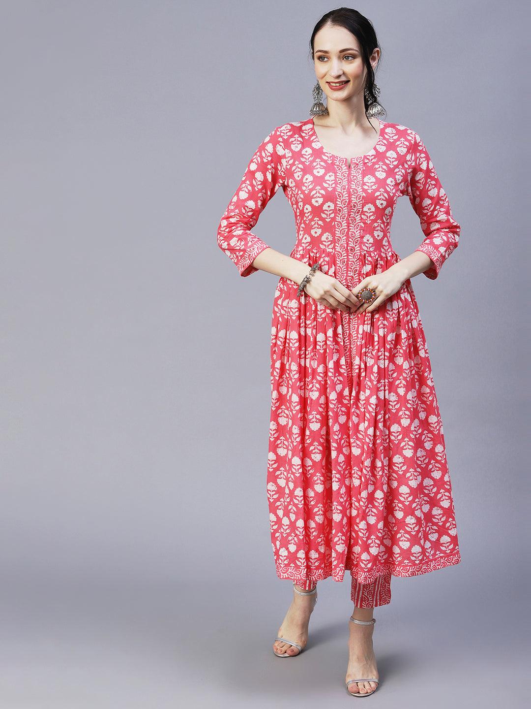 Floral Block Printed Mirror & Resham Embroidered Flared Front Slit Kurta With Pants & Dupatta - Pink - Indiakreations