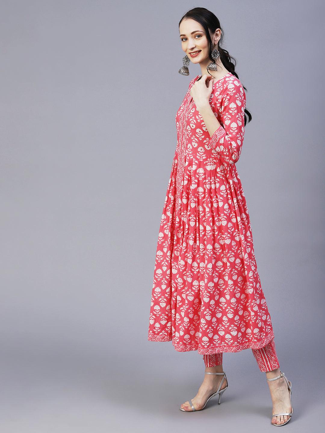 Floral Block Printed Mirror & Resham Embroidered Flared Front Slit Kurta With Pants & Dupatta - Pink - Indiakreations