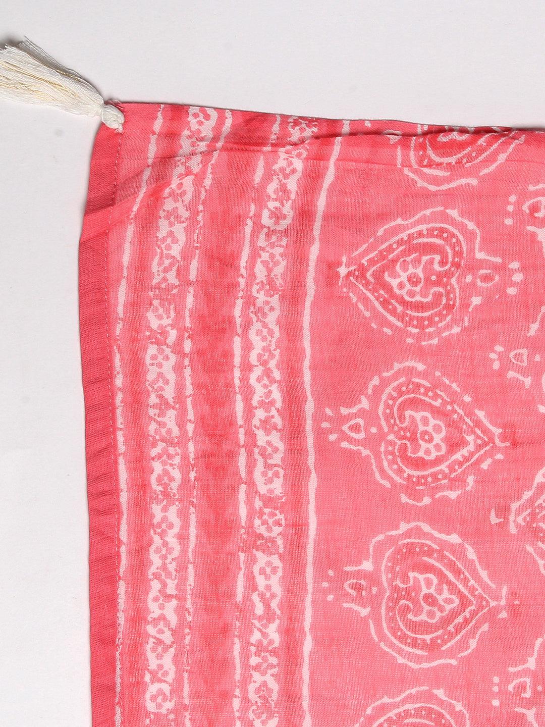 Floral Block Printed Mirror & Resham Embroidered Flared Front Slit Kurta With Pants & Dupatta - Pink - Indiakreations