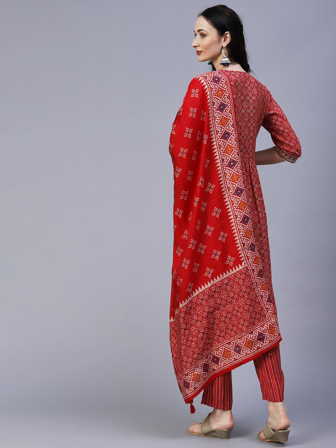 Ethnic Printed & Embroidered A-Line Kurta with Pant & Dupatta - Red - Indiakreations