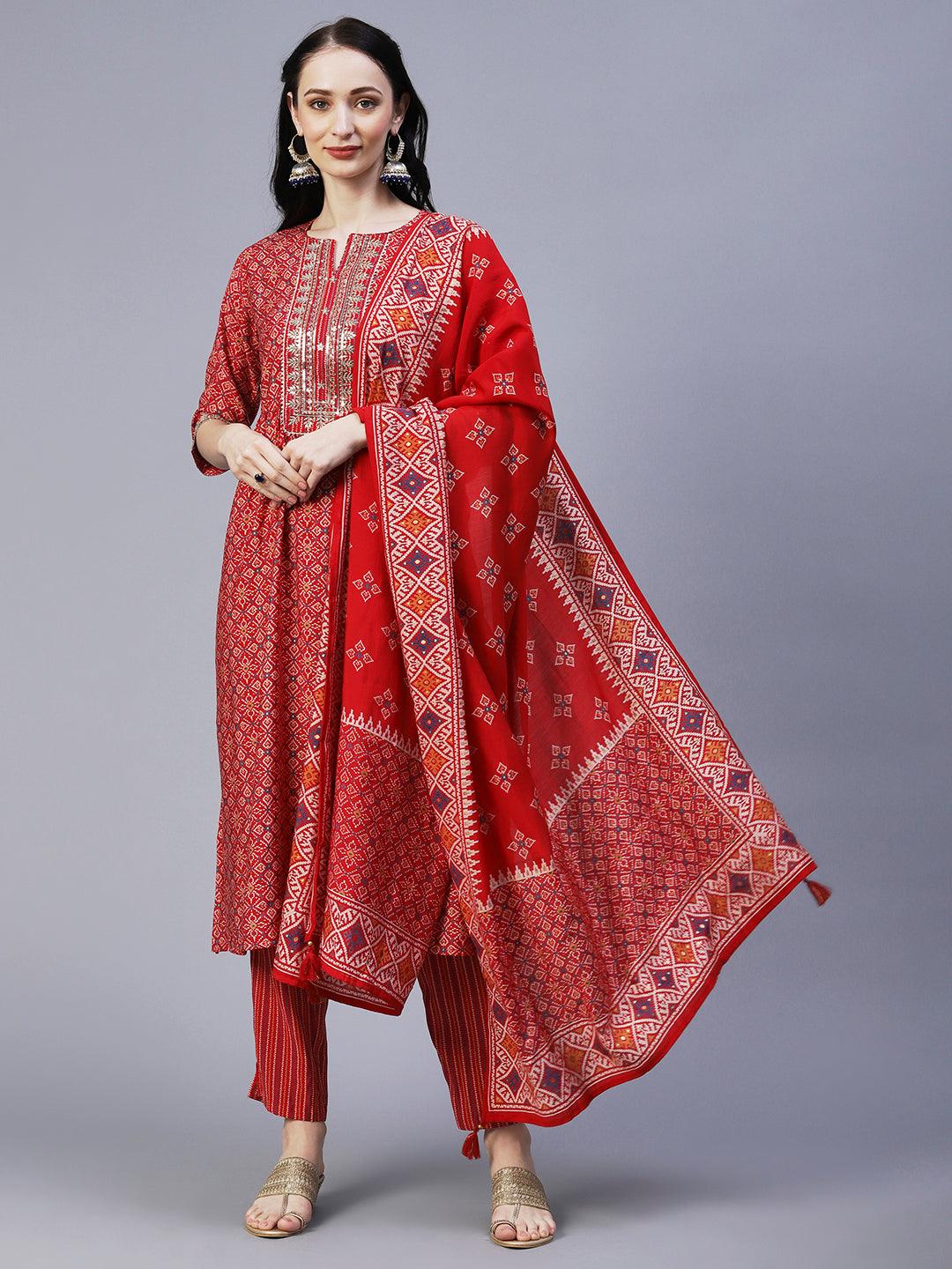 Ethnic Printed & Embroidered A-Line Kurta with Pant & Dupatta - Red - Indiakreations