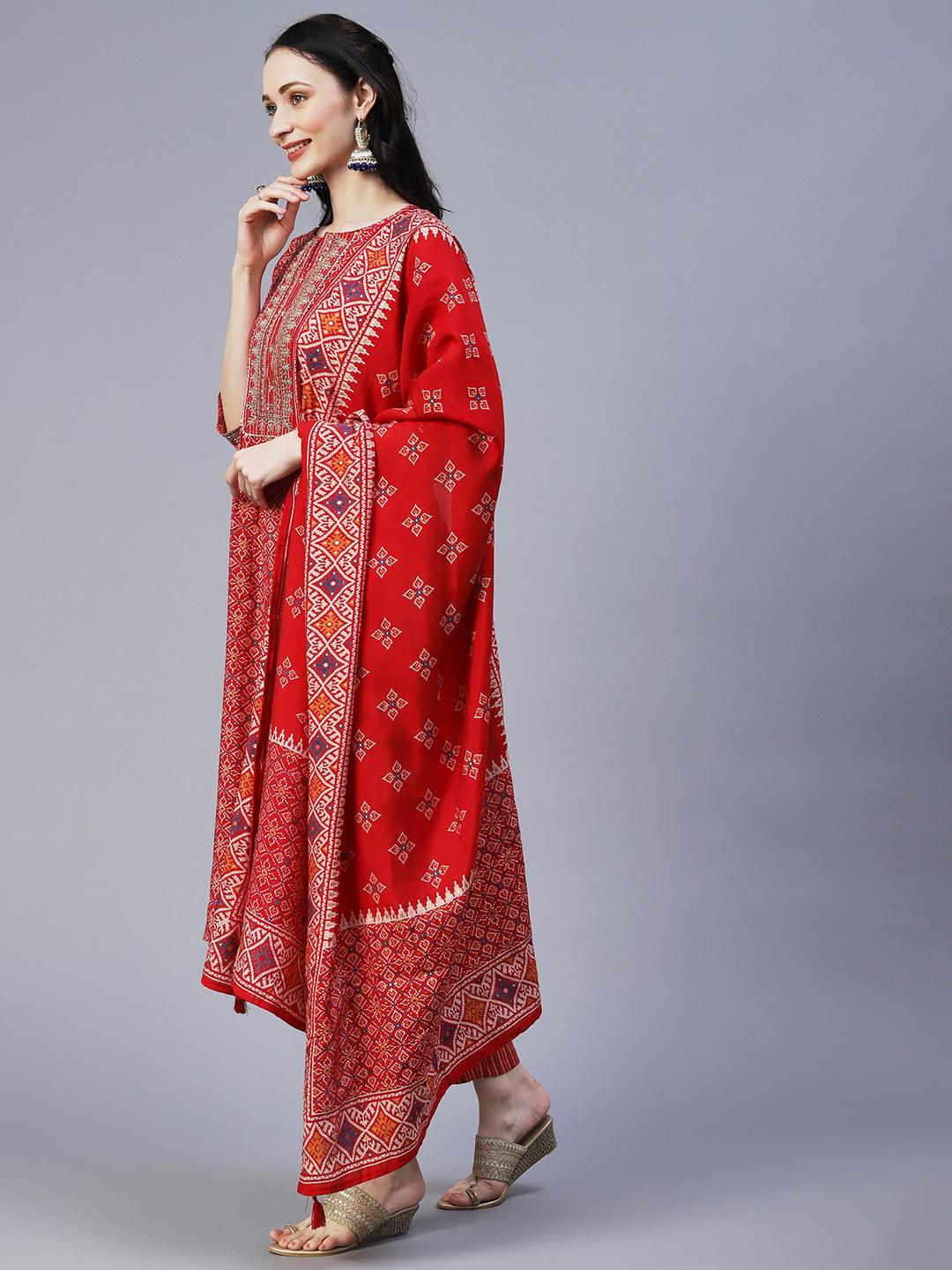 Ethnic Printed & Embroidered A-Line Kurta with Pant & Dupatta - Red - Indiakreations