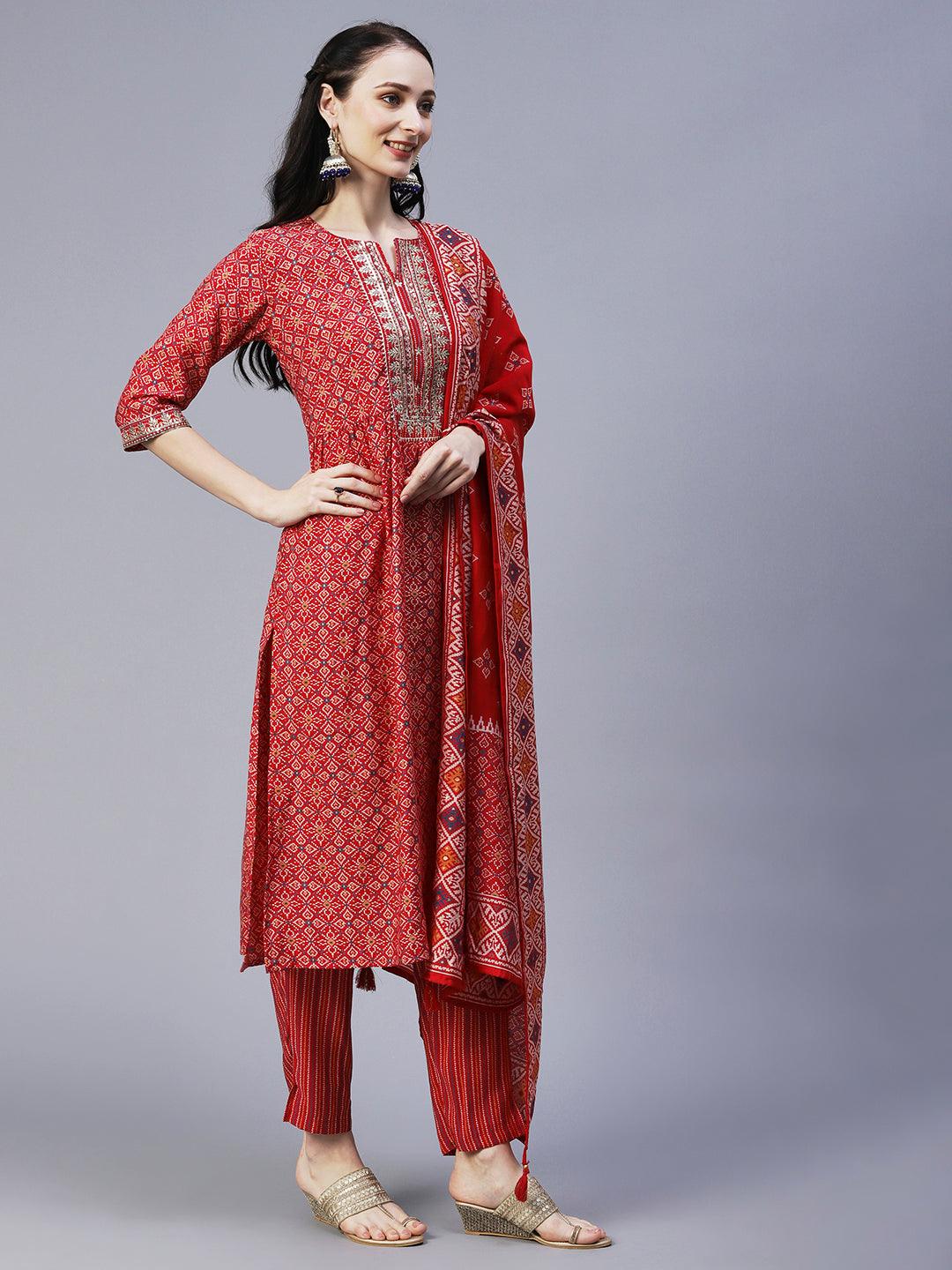 Ethnic Printed & Embroidered A-Line Kurta with Pant & Dupatta - Red - Indiakreations