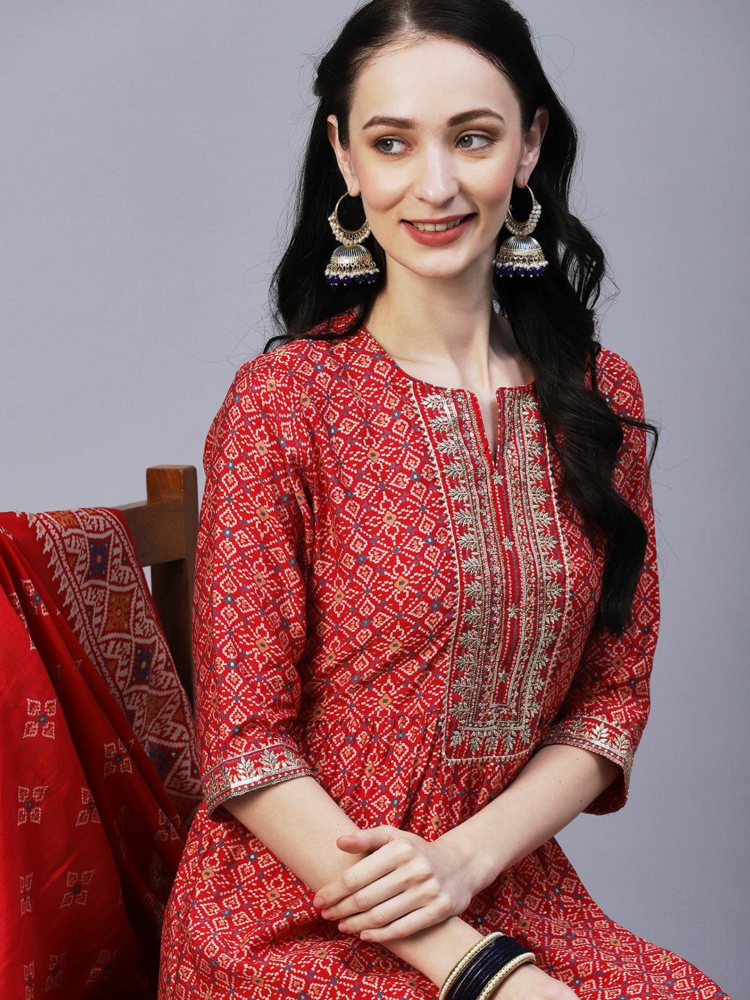 Ethnic Printed & Embroidered A-Line Kurta with Pant & Dupatta - Red - Indiakreations