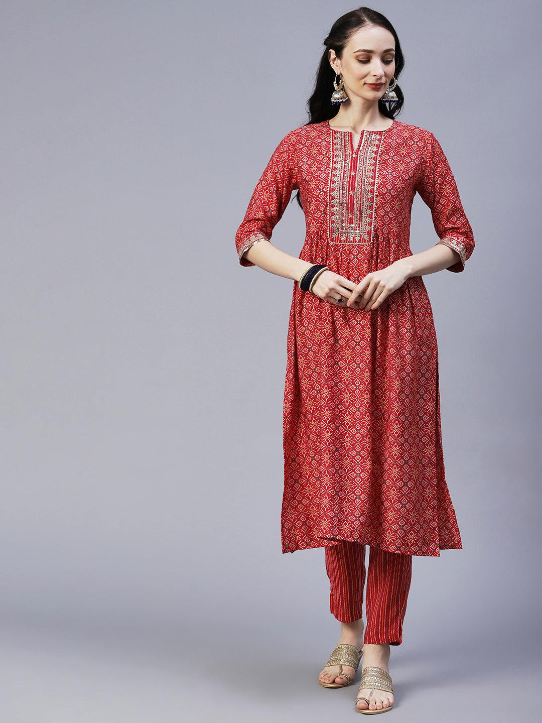 Ethnic Printed & Embroidered A-Line Kurta with Pant & Dupatta - Red - Indiakreations