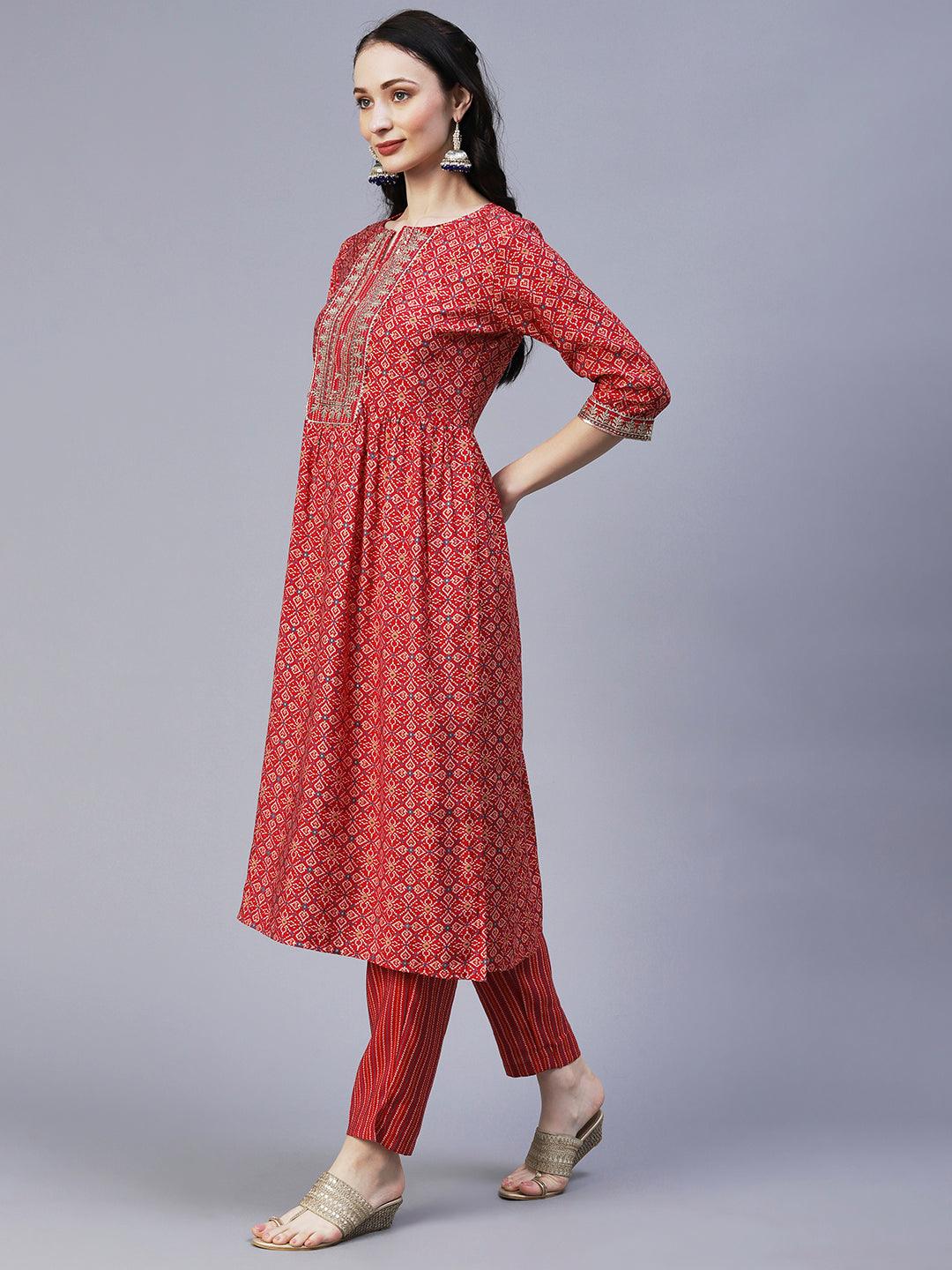 Ethnic Printed & Embroidered A-Line Kurta with Pant & Dupatta - Red - Indiakreations