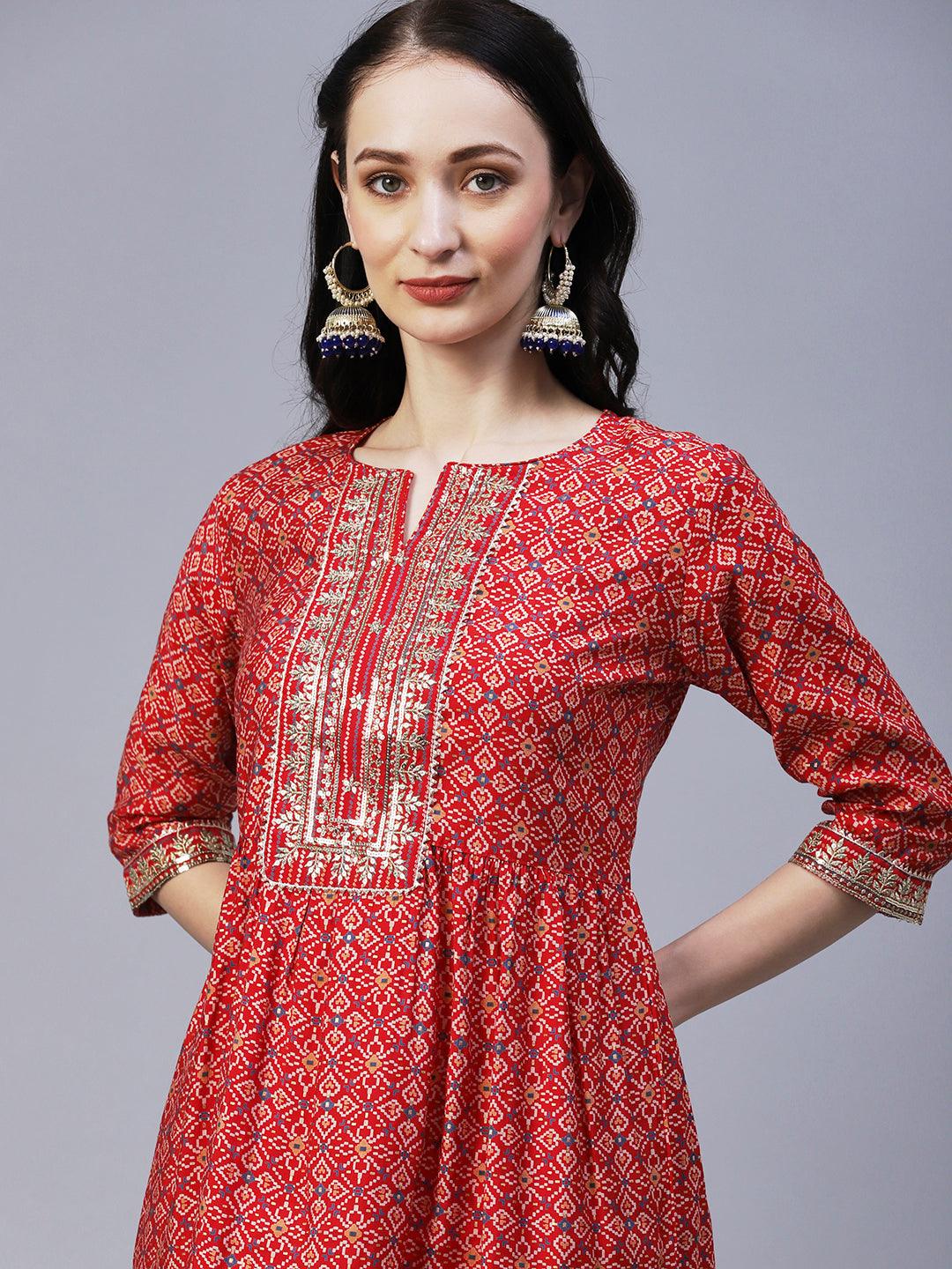 Ethnic Printed & Embroidered A-Line Kurta with Pant & Dupatta - Red - Indiakreations