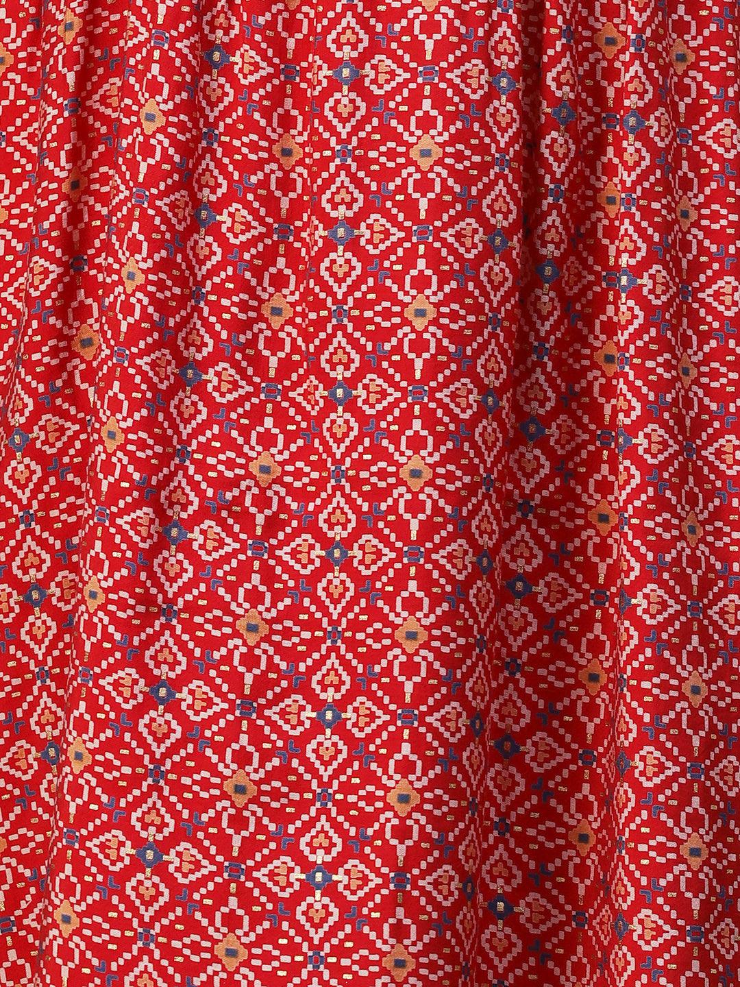 Ethnic Printed & Embroidered A-Line Kurta with Pant & Dupatta - Red - Indiakreations