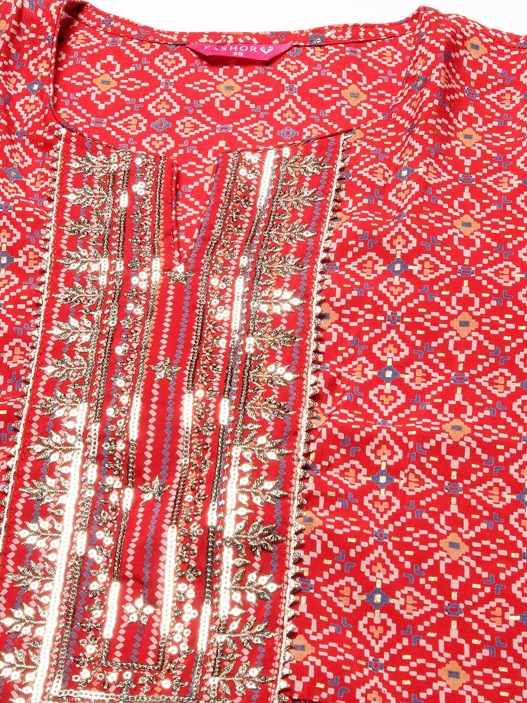 Ethnic Printed & Embroidered A-Line Kurta with Pant & Dupatta - Red - Indiakreations