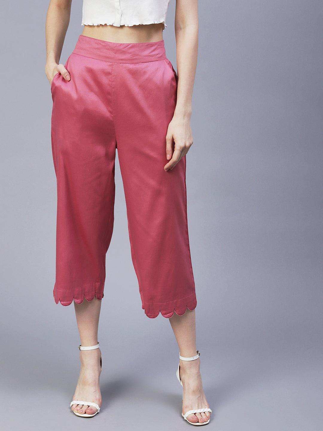 Solid Scalloped Hem Straight Fit Palazzo - Pink - Indiakreations