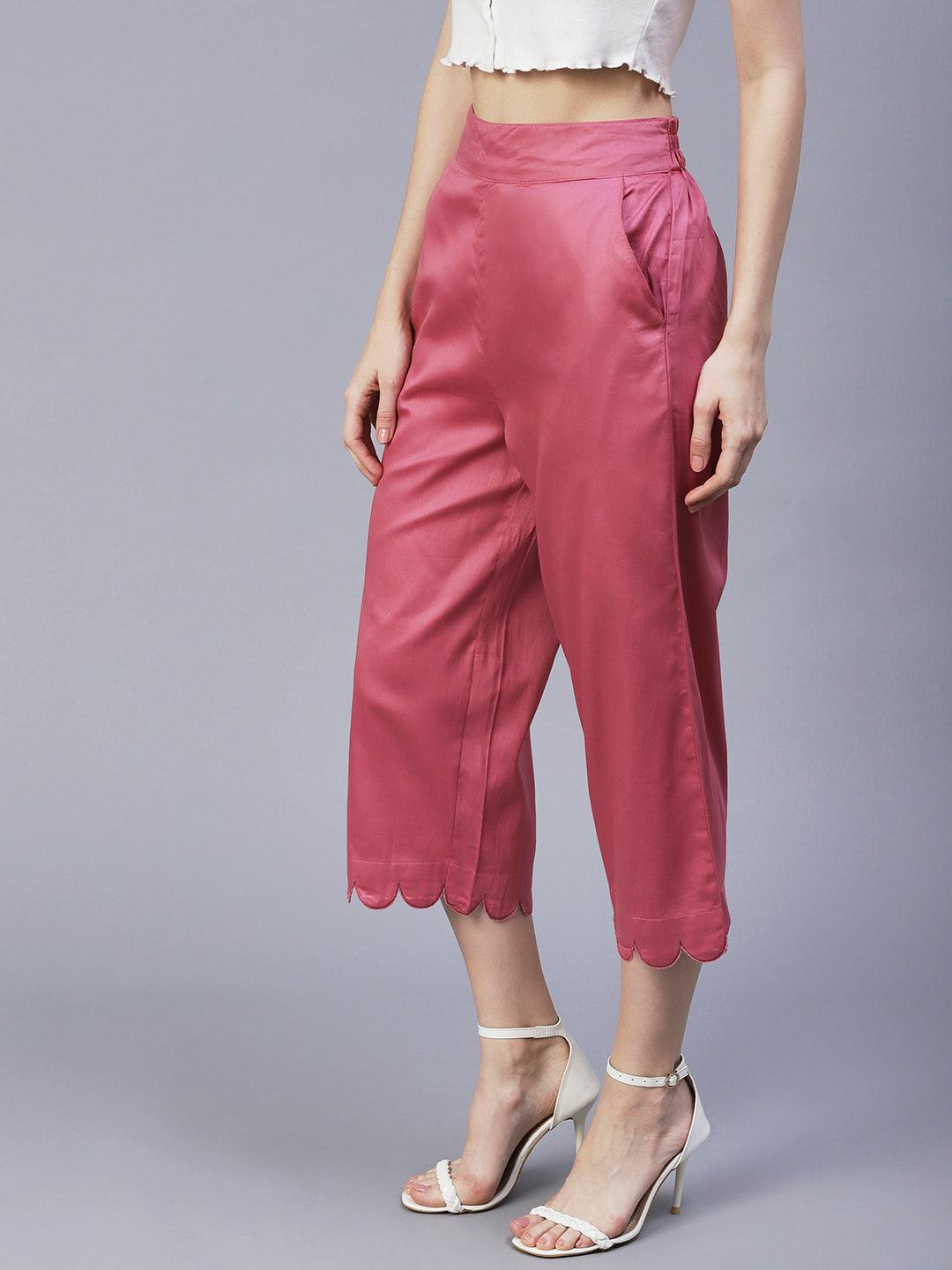 Solid Scalloped Hem Straight Fit Palazzo - Pink - Indiakreations