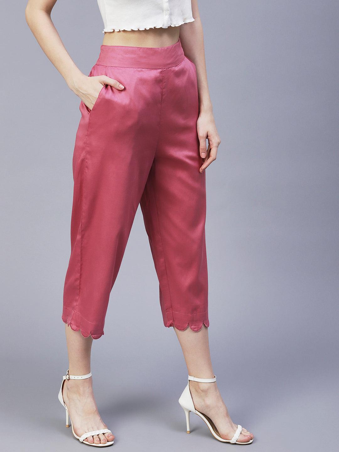 Solid Scalloped Hem Straight Fit Palazzo - Pink - Indiakreations