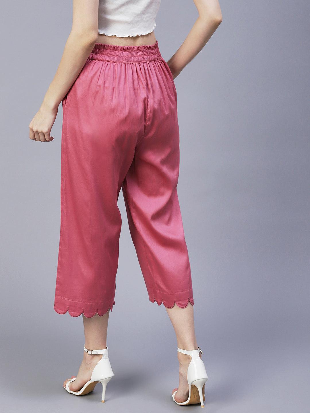 Solid Scalloped Hem Straight Fit Palazzo - Pink - Indiakreations