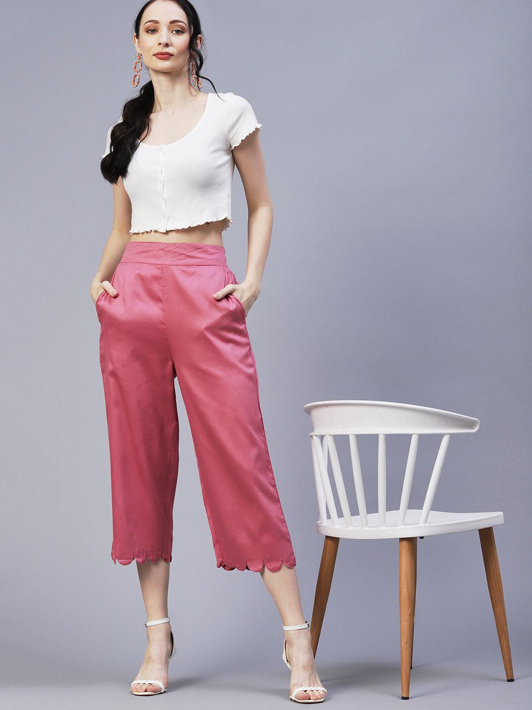 Solid Scalloped Hem Straight Fit Palazzo - Pink - Indiakreations