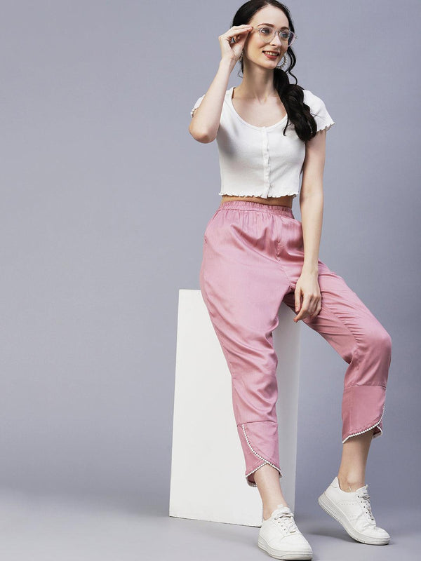 Solid Overlap Hem Straight Fit Pant - Rose Gold - Indiakreations