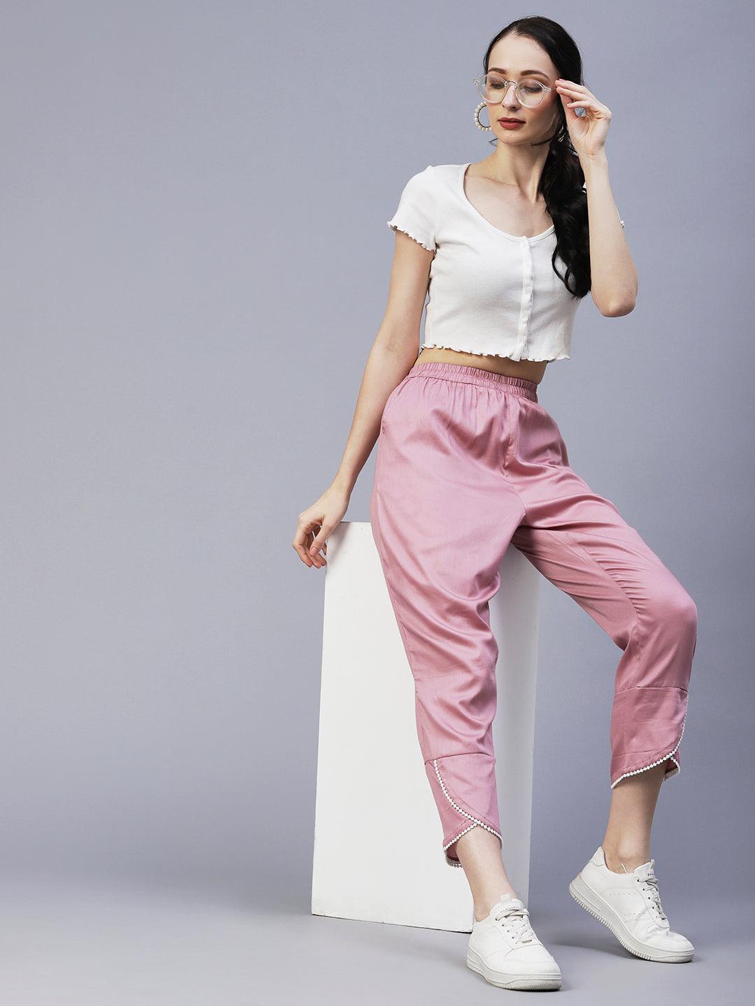 Solid Overlap Hem Straight Fit Pant - Rose Gold - Indiakreations