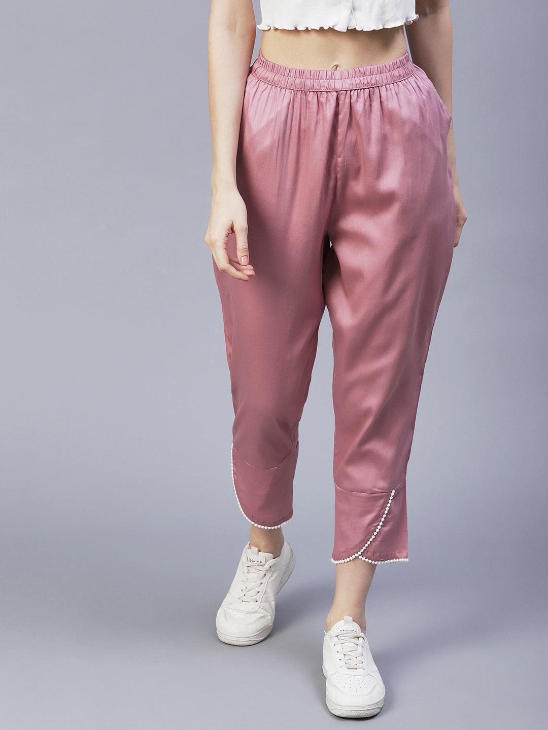 Solid Overlap Hem Straight Fit Pant - Rose Gold - Indiakreations