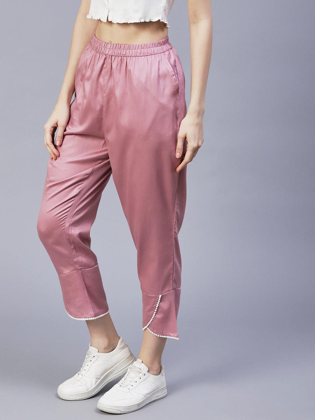 Solid Overlap Hem Straight Fit Pant - Rose Gold - Indiakreations