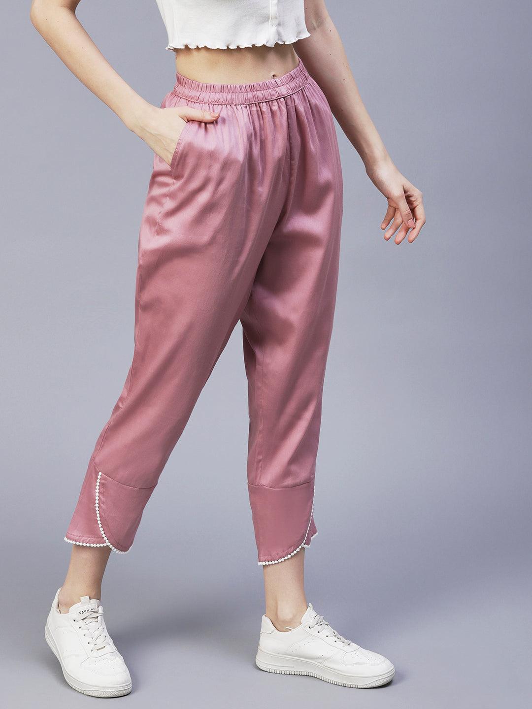 Solid Overlap Hem Straight Fit Pant - Rose Gold - Indiakreations