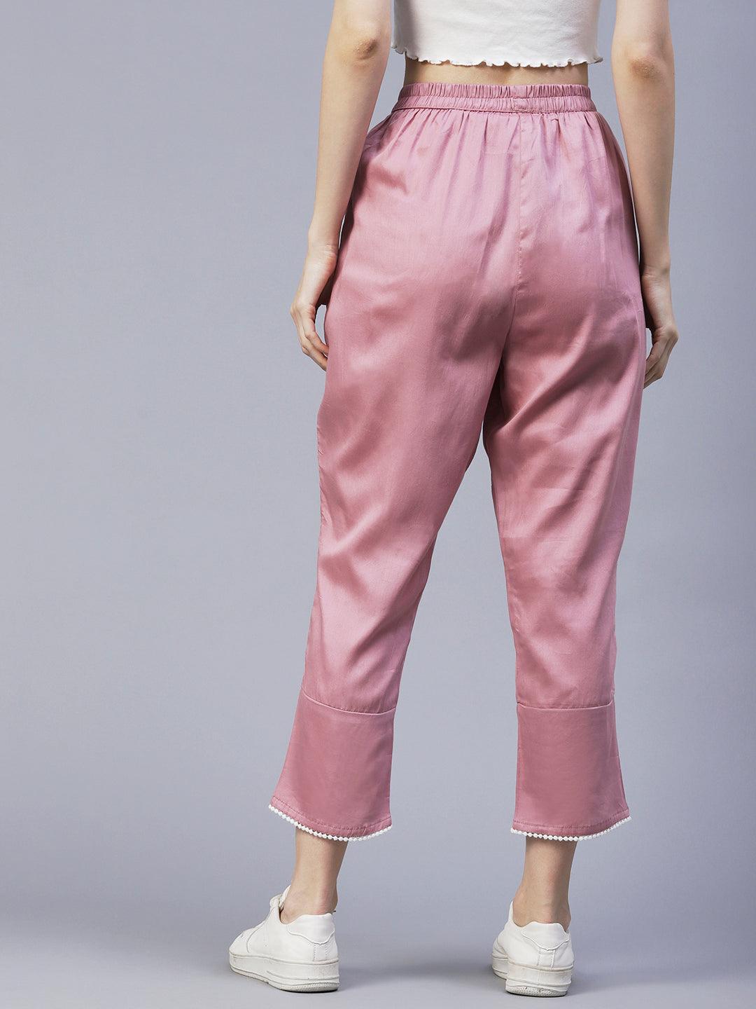 Solid Overlap Hem Straight Fit Pant - Rose Gold - Indiakreations