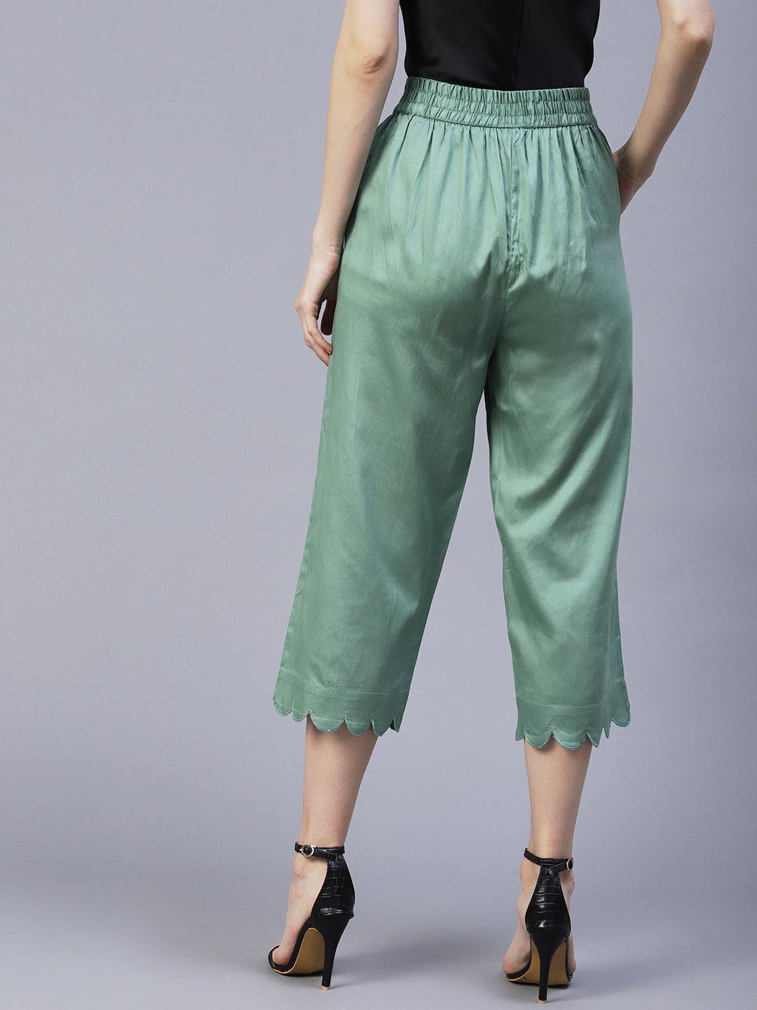 Solid Scalloped Hem Straight Fit Palazzo - Green - Indiakreations