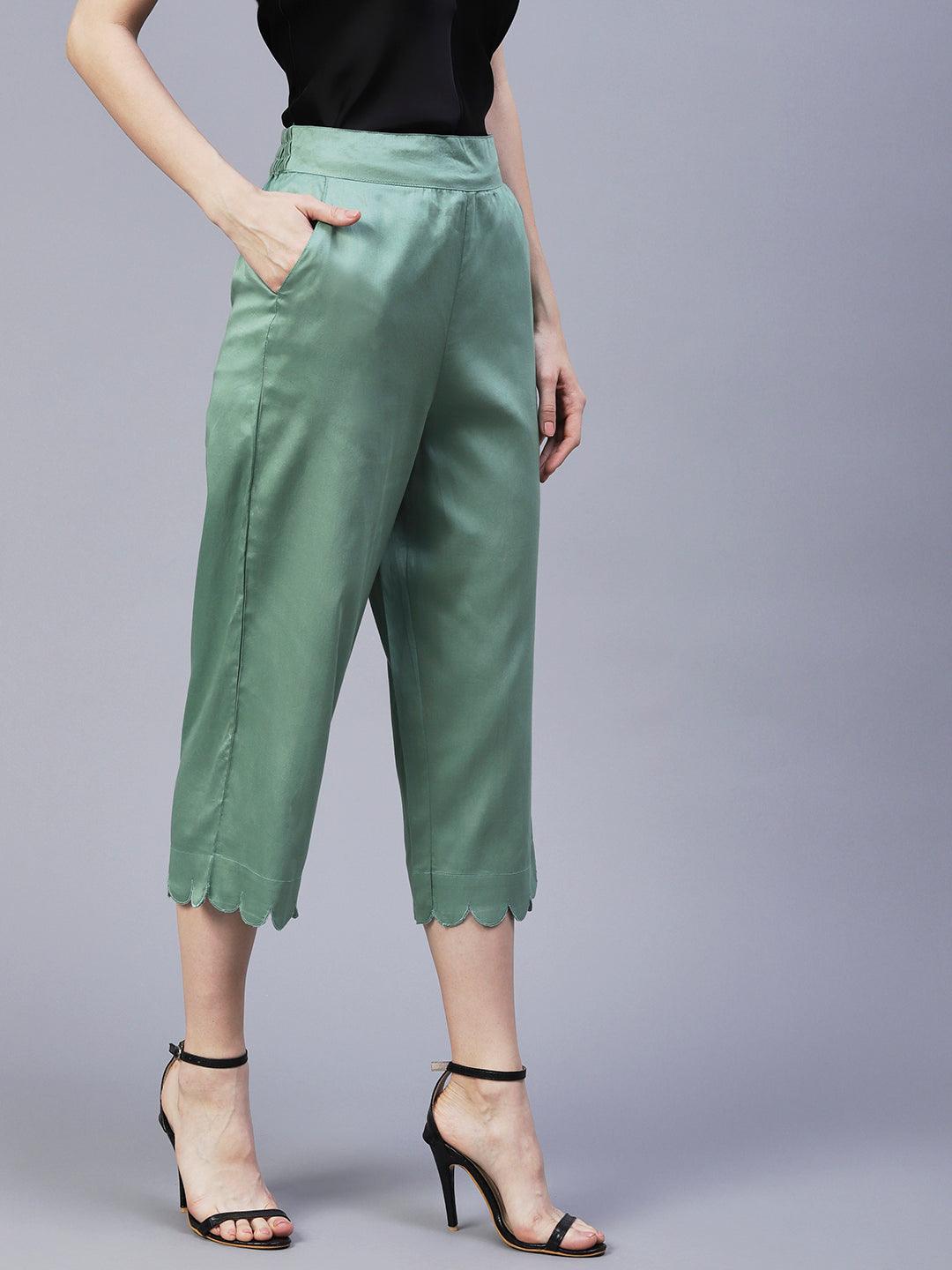 Solid Scalloped Hem Straight Fit Palazzo - Green - Indiakreations