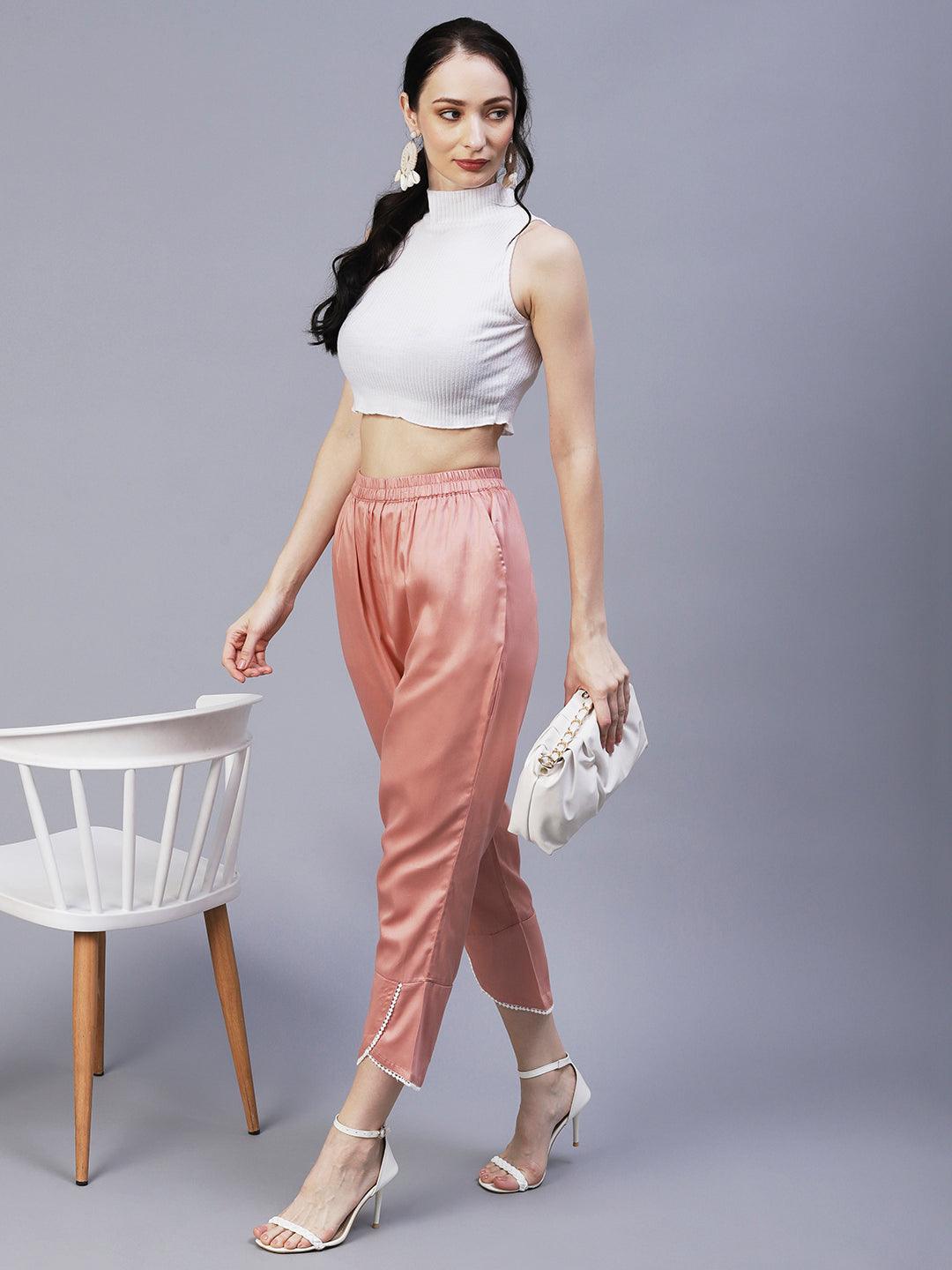 Solid Overlap Hem Straight Fit Pant - Peach - Indiakreations