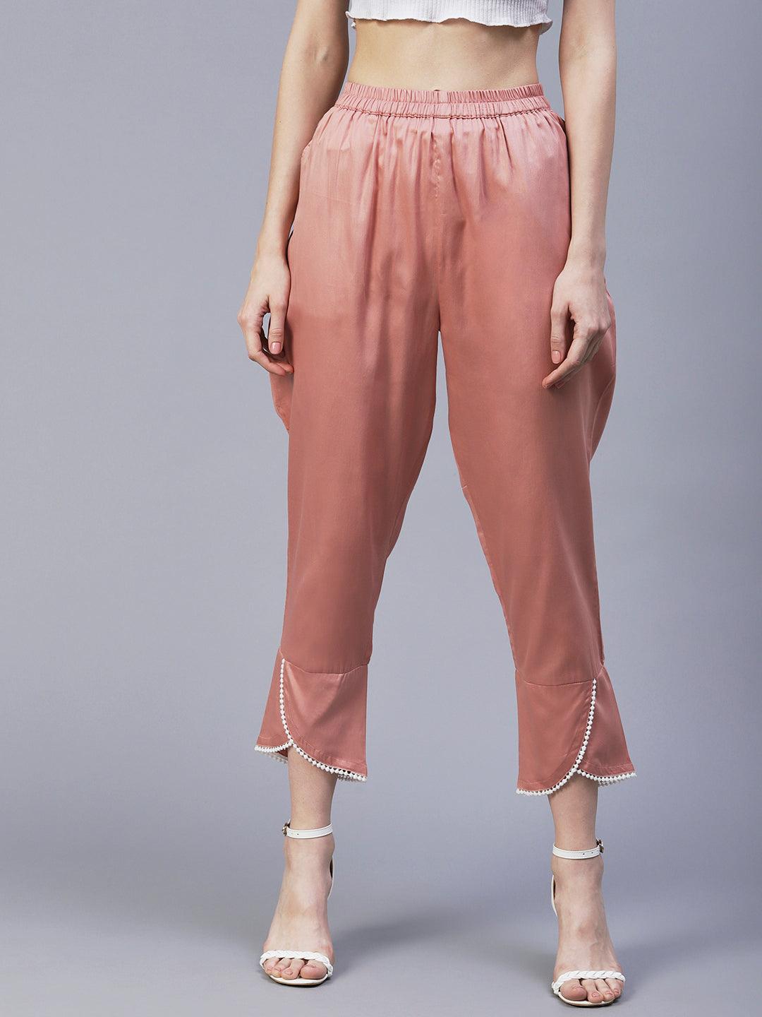 Solid Overlap Hem Straight Fit Pant - Peach - Indiakreations