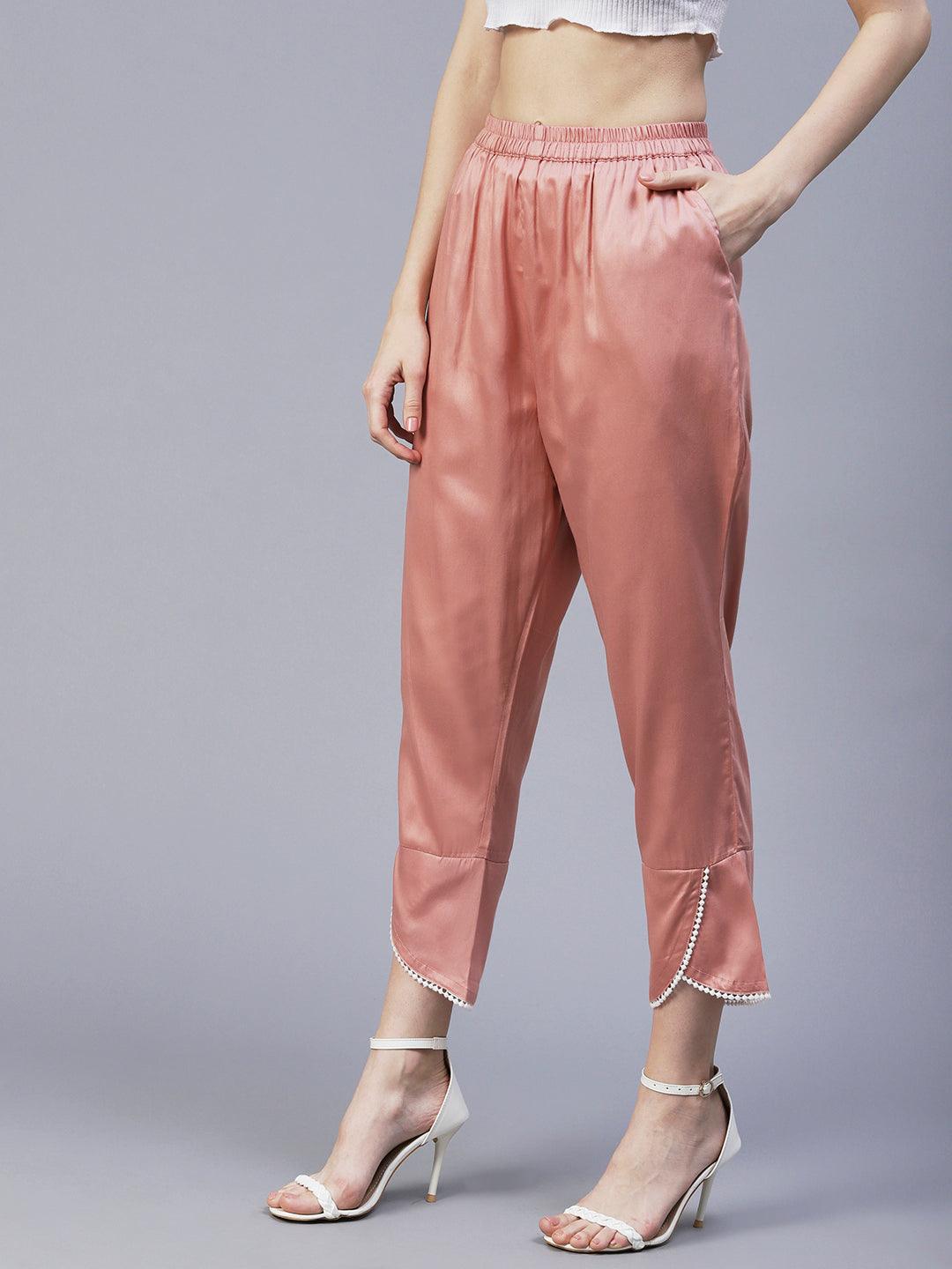 Solid Overlap Hem Straight Fit Pant - Peach - Indiakreations