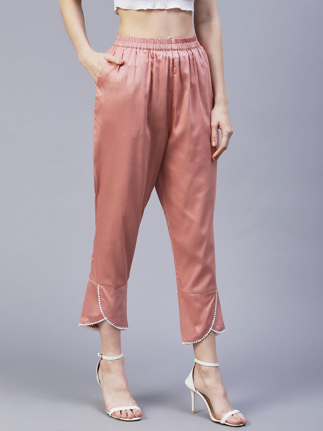 Solid Overlap Hem Straight Fit Pant - Peach - Indiakreations