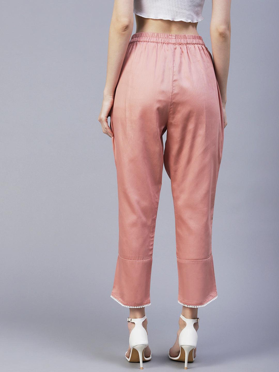 Solid Overlap Hem Straight Fit Pant - Peach - Indiakreations