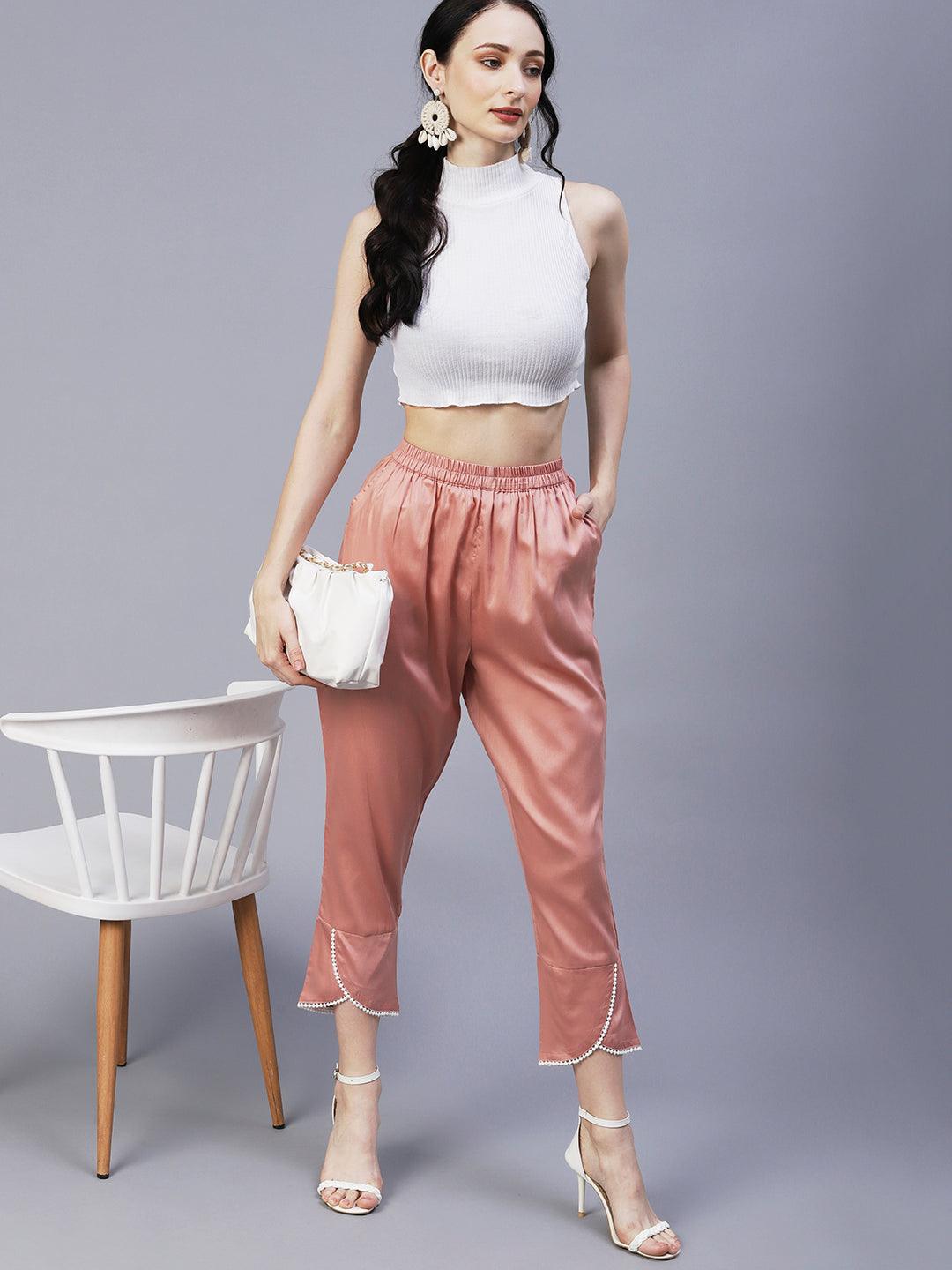 Solid Overlap Hem Straight Fit Pant - Peach - Indiakreations