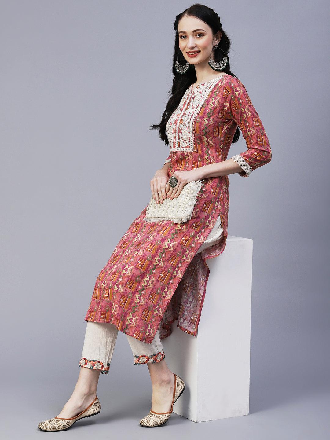 Abstract & Geometric Printed Resham Dori & Sequins Embroidered Kurta - Pink - Indiakreations