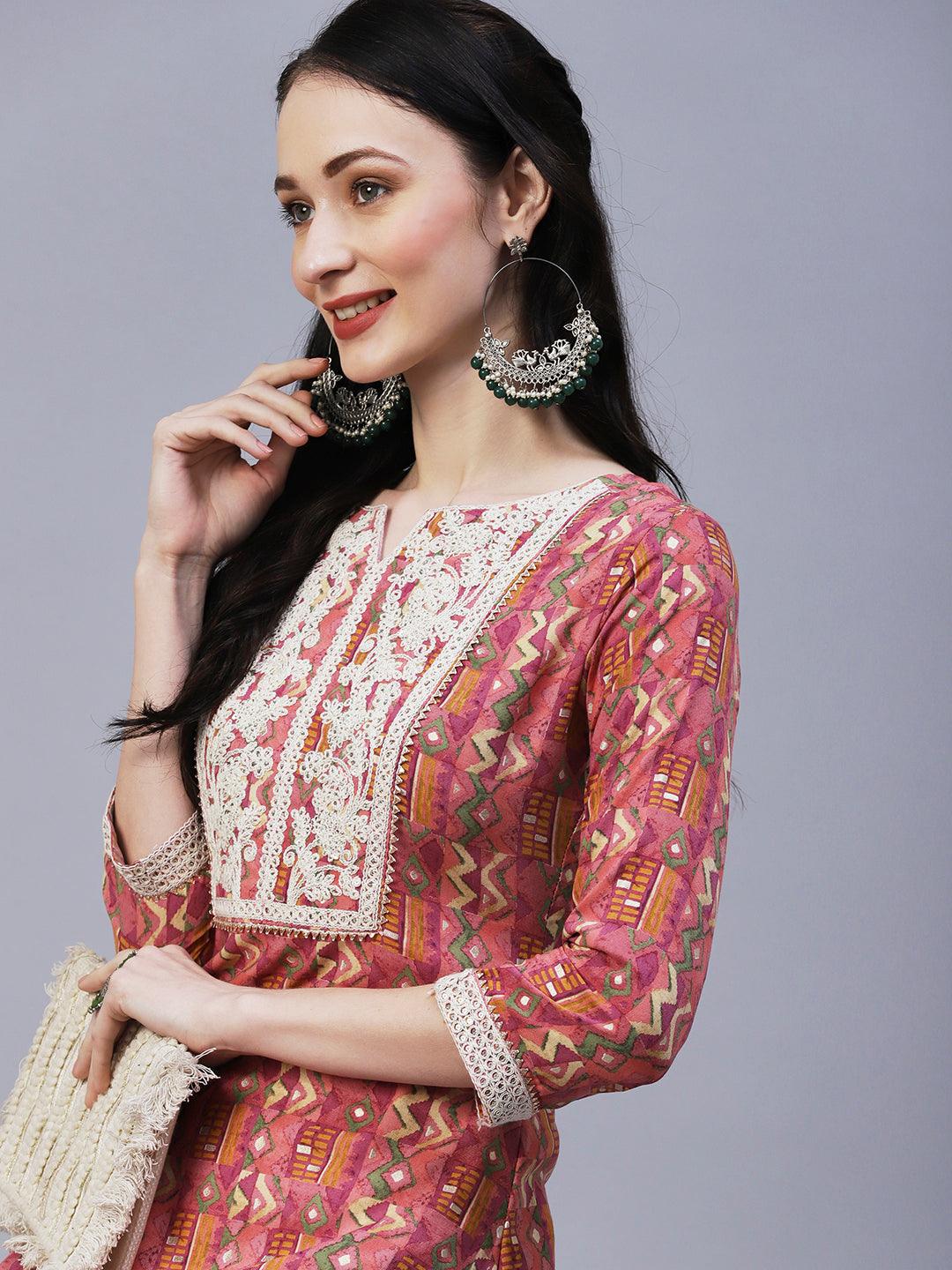 Abstract & Geometric Printed Resham Dori & Sequins Embroidered Kurta - Pink - Indiakreations