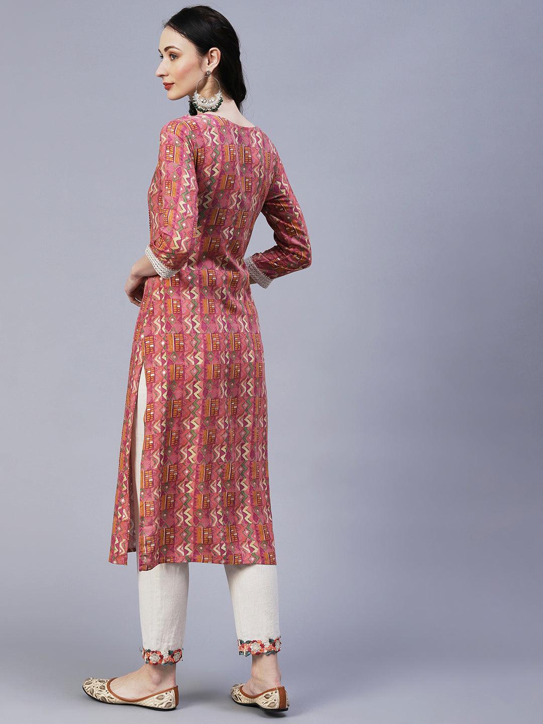 Abstract & Geometric Printed Resham Dori & Sequins Embroidered Kurta - Pink - Indiakreations