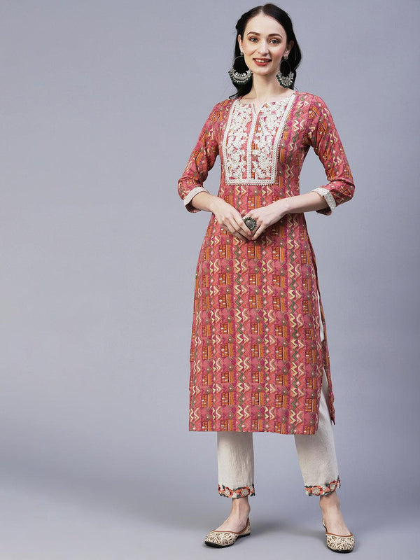 Abstract & Geometric Printed Resham Dori & Sequins Embroidered Kurta - Pink - Indiakreations