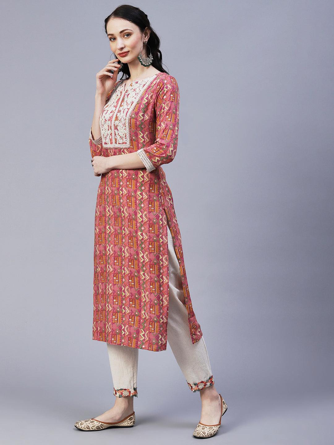 Abstract & Geometric Printed Resham Dori & Sequins Embroidered Kurta - Pink - Indiakreations