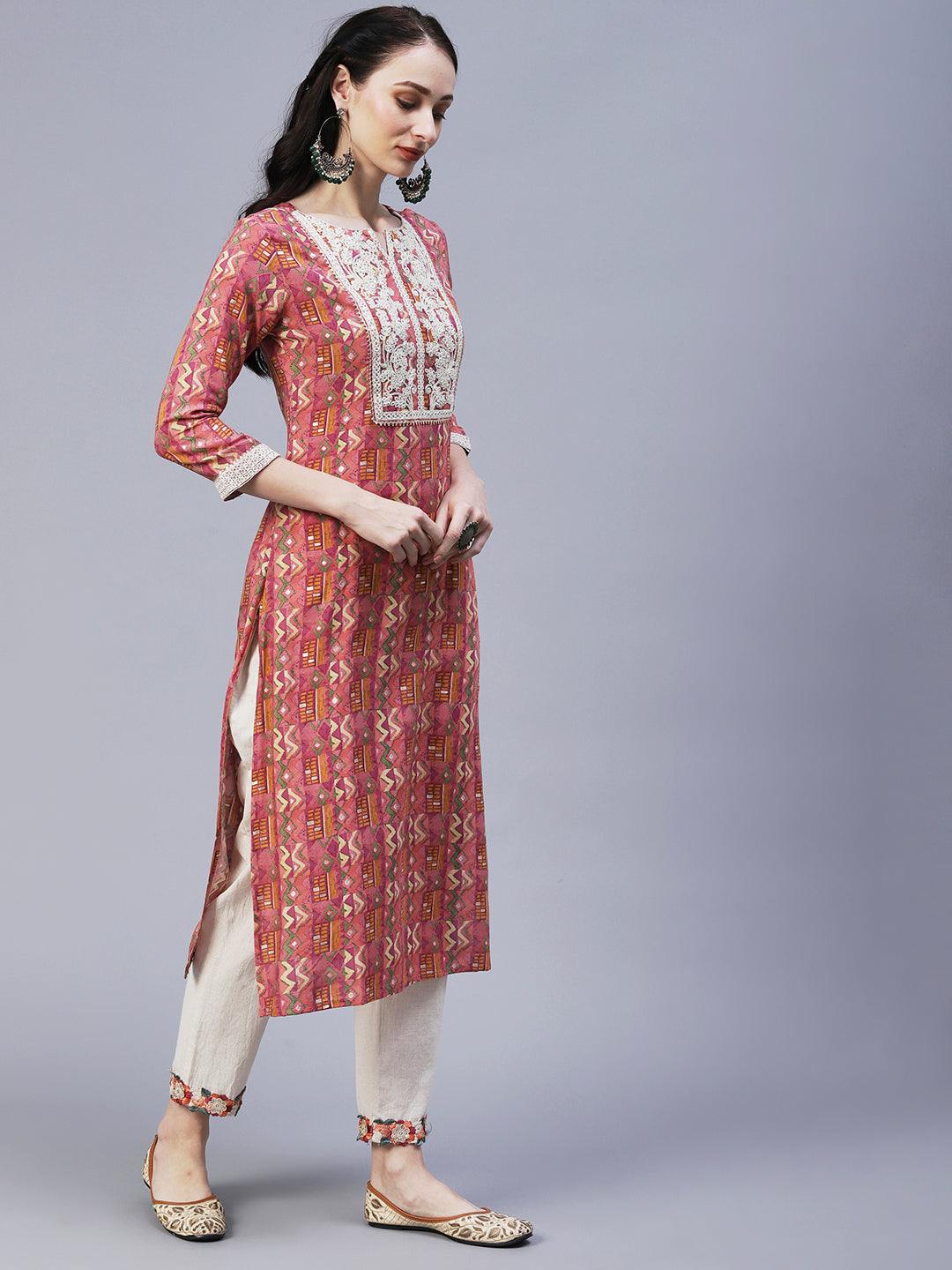 Abstract & Geometric Printed Resham Dori & Sequins Embroidered Kurta - Pink - Indiakreations