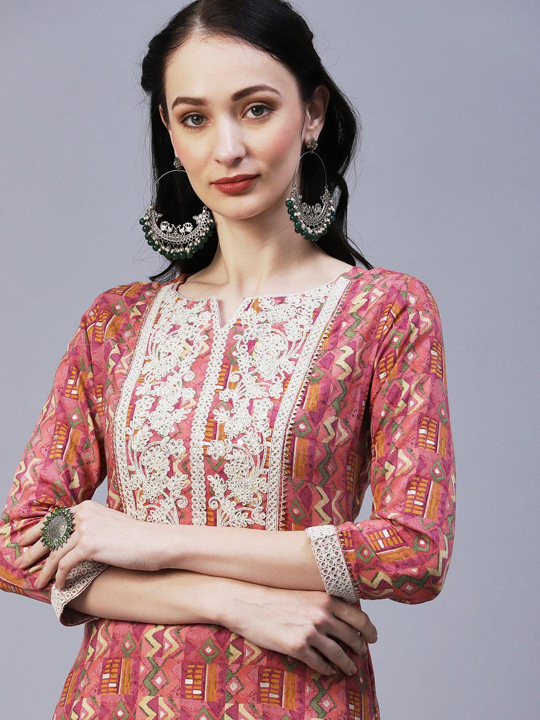 Abstract & Geometric Printed Resham Dori & Sequins Embroidered Kurta - Pink - Indiakreations