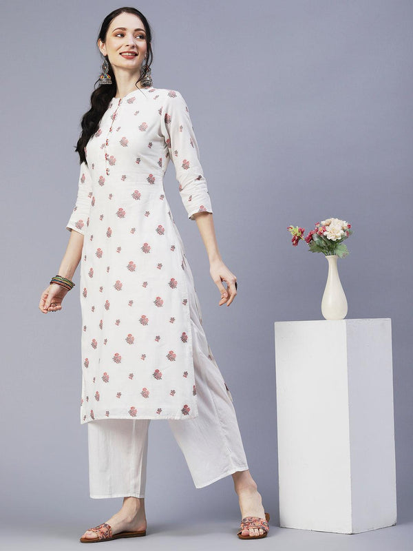 Woven Resham Floral Design Resham Embroidered Kurta With Palazzo - white - Indiakreations