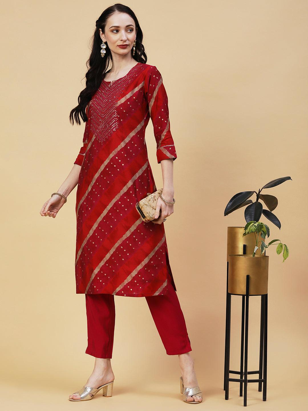 Lehriya & Foil Printed Mirror & Resham Embroidered Kurta With Pants - Red - Indiakreations