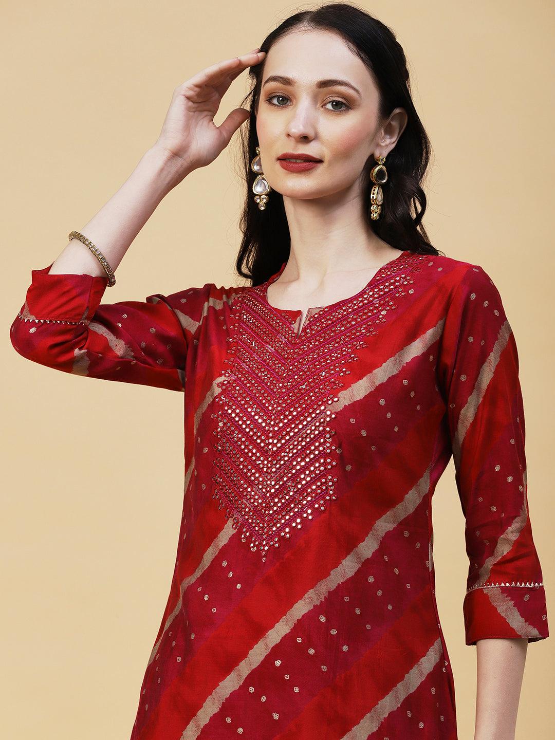 Lehriya & Foil Printed Mirror & Resham Embroidered Kurta With Pants - Red - Indiakreations