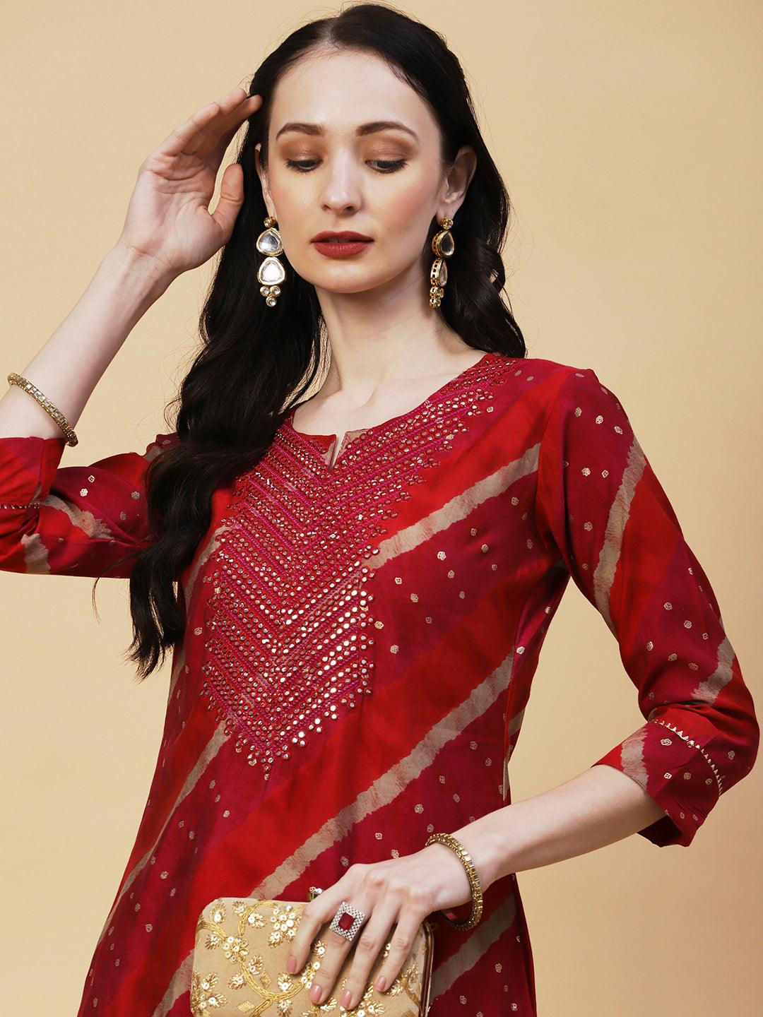 Lehriya & Foil Printed Mirror & Resham Embroidered Kurta With Pants - Red - Indiakreations